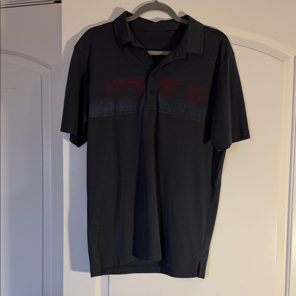 Travis Mathew Black Polo with Red and Blue Accents